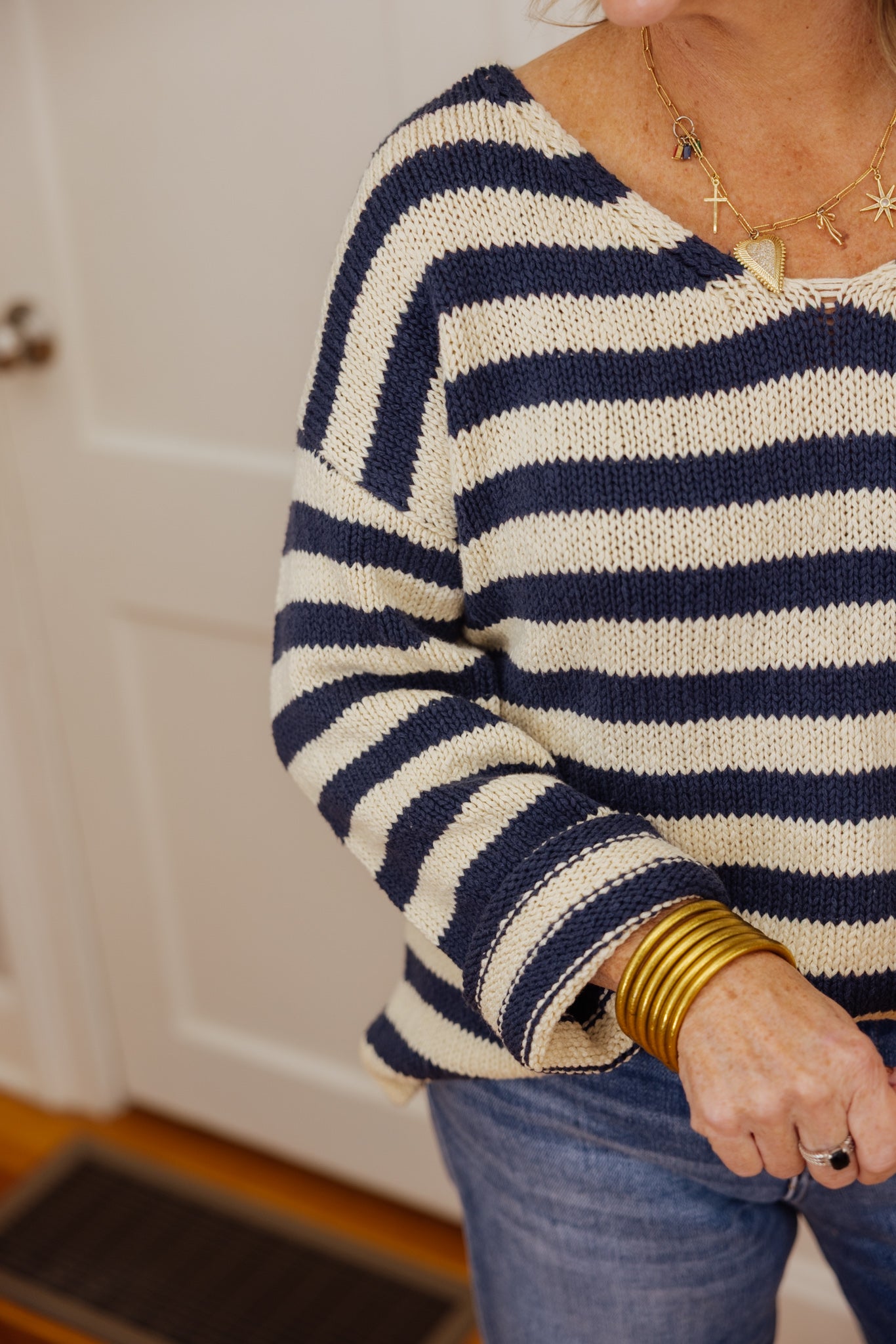 Striped V-Neck OS Sweater